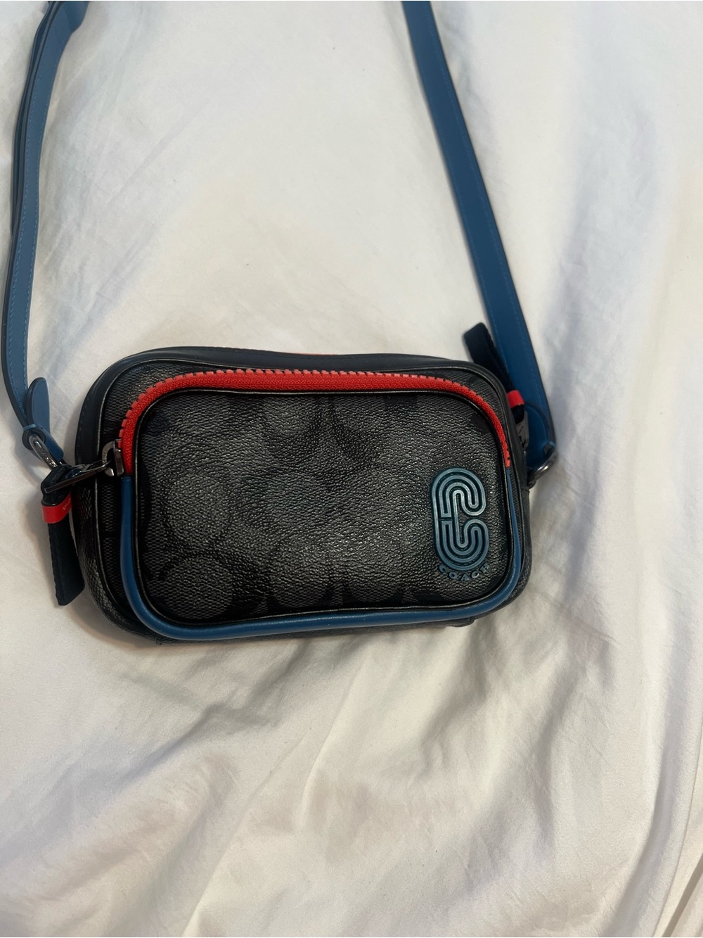 Coach Black Signature Crossbody with Blue Strap & Red Trim